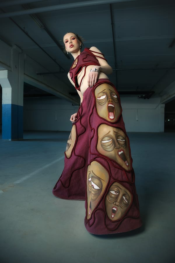 KOE graduate design: burgundy gown printed with faces